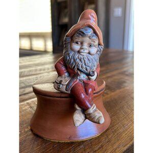 Vintage Gnome Music Box Figurine With Red Hat & Beard - Forest Elf Sitting On St